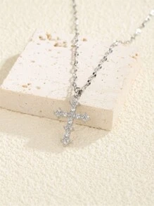 1pc Golden Women's Fashion Necklace, Vintage Golden Cross Pendant Necklace With Zirconia, Unique Design Titanium Steel Choker Necklace