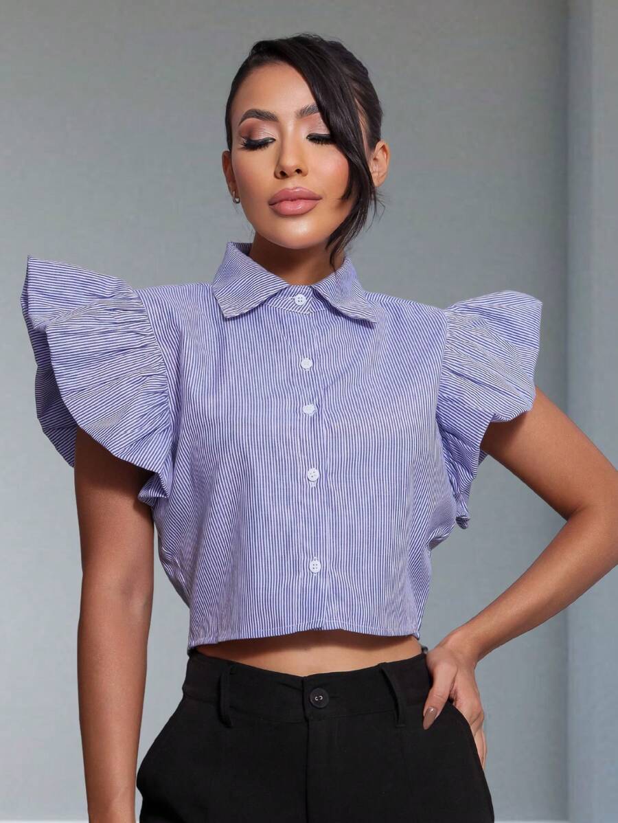 Cropped Tricoline Short Sleeve Blouse - 藍色 - 查看 1