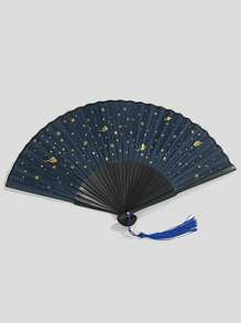 1 件随机星空折扇，家居装饰竹扇，夏季便携式折叠扇，带铝箔设计，适合女性 - 黑色 - 查看 7