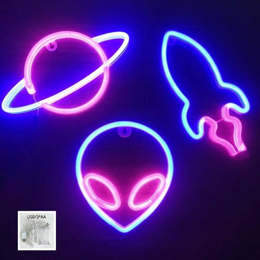 3 件霓虹灯墙饰，电池或 USB 供电太空元素外星星球火箭，适合青少年男孩、游戏室、酒吧、生日、节日、酷炫装饰礼物（不含电池）