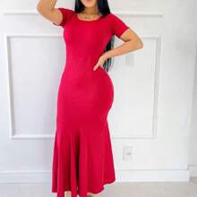 Mermaid Long Dress Ribbed Plain Basic Casual Long Sleeve - 查看 2