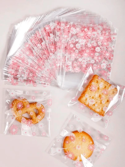 100/200个小花图案自粘包装袋，适用于面包、糖果、饼干、巧克力、零食、DIY烘焙装饰、学校用品、食品袋、食品盒，适用于糖果、巧克力、饼干和其他食品。