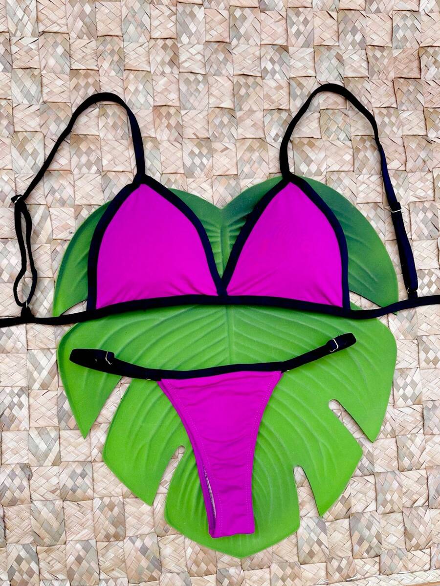 Bikini Set With Removable Pads And Adjustable Straps - String Bikini And Thong - 紫紅色配黑色 - 查看 1