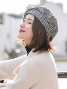 1 件优雅复古千鸟格涤纶羊毛印花贝雷帽，秋冬万圣节