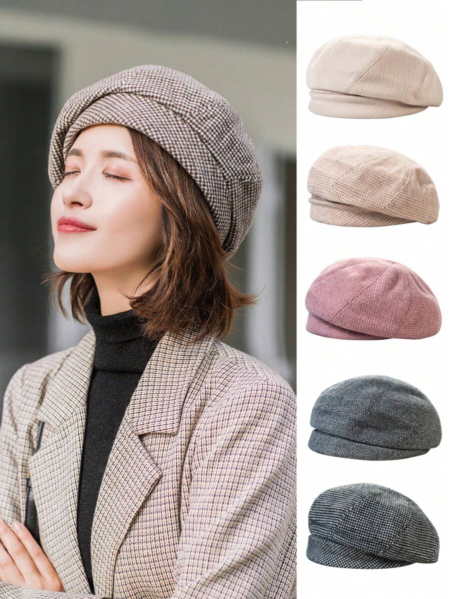 1 件优雅复古千鸟格涤纶羊毛印花贝雷帽，秋冬万圣节