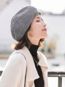 1 件优雅复古千鸟格涤纶羊毛印花贝雷帽，秋冬万圣节