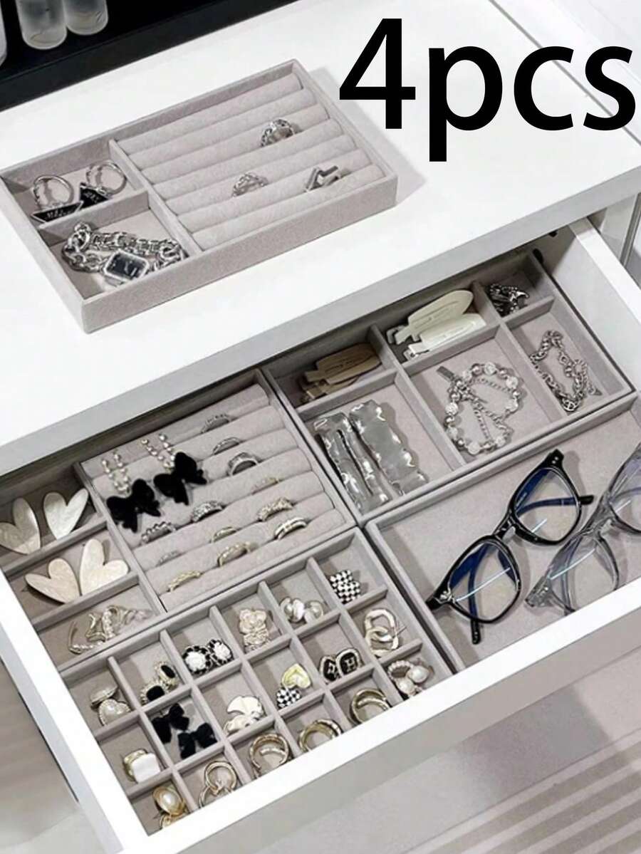 6 件/4 件/1 件珠宝收纳托盘、珠宝展示托盘、珠宝盒、抽屉收纳盒、珠宝收纳盒、整理托盘、多功能、纯色、多隔层、无纺布、适用于桌面收纳、抽屉收纳盒、化妆品收纳盒、适用于耳环、项链、戒指、手镯
