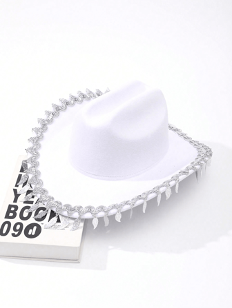 1pc White One-Piece Felt Hat, Fashionable Curly Brim Design, Unisex Classic Style Suitable For Parties And Occasions, Autumn/Winter Headwear Halloween