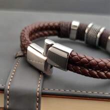 1PC Luxury Vintage Multilayer Brown PU Leather Men Bracelet Stone Bead Bracelet Stainless Steel Jewelry Male Wrist Bangle Gift