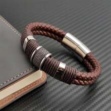 1PC Luxury Vintage Multilayer Brown PU Leather Men Bracelet Stone Bead Bracelet Stainless Steel Jewelry Male Wrist Bangle Gift