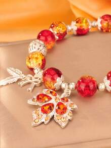 1 件秋季枫叶蝴蝶结吊饰玻璃珠手链 - 銀色 - 查看 4