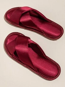 Women Elegant Satin Crossed Comfortable & Non-Slip Indoor House Slippers - Burgundy - View 4