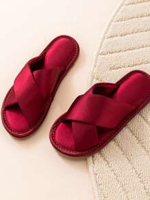 Women Elegant Satin Crossed Comfortable & Non-Slip Indoor House Slippers - Burgundy - View 3