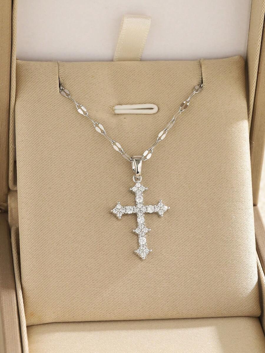1pc Golden Women's Fashion Necklace, Vintage Golden Cross Pendant Necklace With Zirconia, Unique Design Titanium Steel Choker Necklace