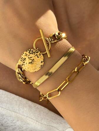 Set de 3 piezas con collar colgante de círculo personalizado de acero inoxidable de estilo exagerado europeo y americano de hip-hop, con pulsera de cadena de langosta para hombres y mujeres