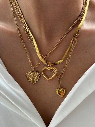 Aomogo 3pcs/Set European & American Unique Small Batch Design Stainless Steel Heart, Eyes And Spiral Sun Pendant Necklace For Women