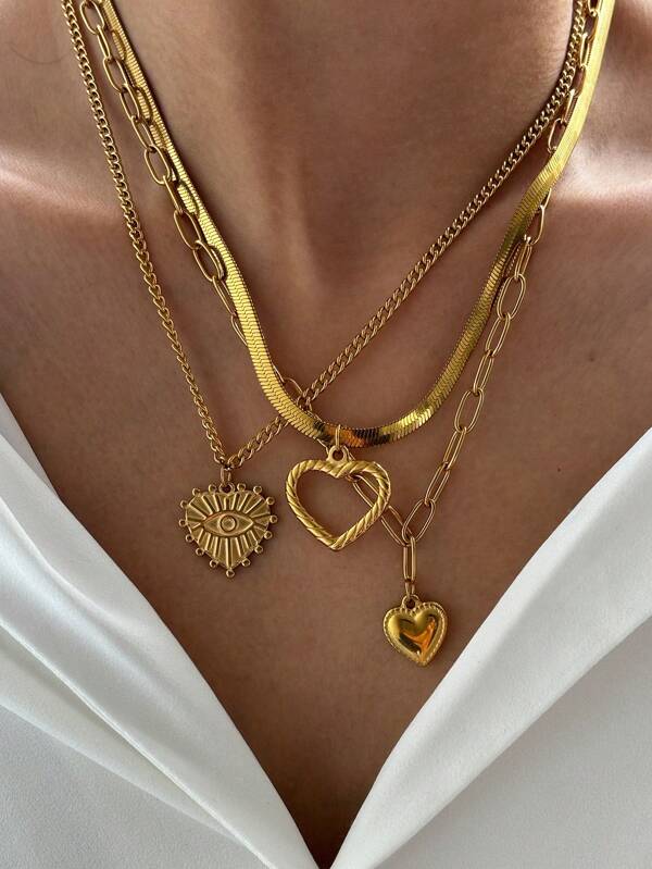 Aomogo Set da 3 collane da donna con pendenti a forma di cuore, occhi e sole a spirale, dal design unico e in piccole tirature, in acciaio inossidabile, di stile europeo e americano