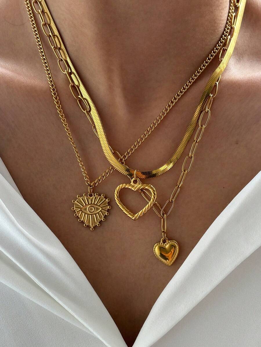 Aomogo Set da 3 collane da donna con pendenti a forma di cuore, occhi e sole a spirale, dal design unico e in piccole tirature, in acciaio inossidabile, di stile europeo e americano