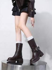 Giày bốt cao bồi miền Tây cổ điển mới thu đông 2024, giày bốt cao đến giữa bắp chân có dây khóa cho nữ, giày bốt da - màu nâu - Xem 3