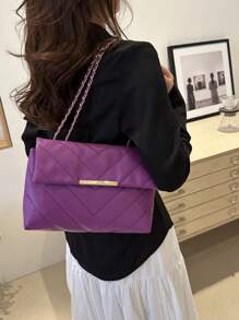 New Women's Embroidered Diamond Plaid Piped One Shoulder Bag Chain Large Capacity Minimalist Fashion Crossbody Bag, Popular Women's Handbag For Autumn/Winter - Purple - View 2