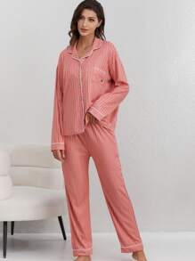 Damen Lässig Slim Fit einfarbiger Pyjama Set mit Hemd mit Kragen und Knöpfen, Taschen, Langarm und Hose, geeignet für Frühling, Herbst und Winter, 2 Stücke - Rosenrot - Übersicht 4