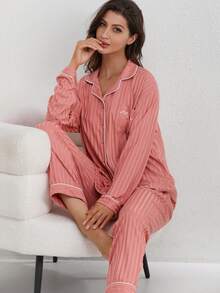 Damen Lässig Slim Fit einfarbiger Pyjama Set mit Hemd mit Kragen und Knöpfen, Taschen, Langarm und Hose, geeignet für Frühling, Herbst und Winter, 2 Stücke - Rosenrot - Übersicht 6