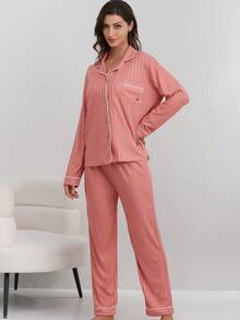 Damen Lässig Slim Fit einfarbiger Pyjama Set mit Hemd mit Kragen und Knöpfen, Taschen, Langarm und Hose, geeignet für Frühling, Herbst und Winter, 2 Stücke - Rosenrot - Übersicht 5