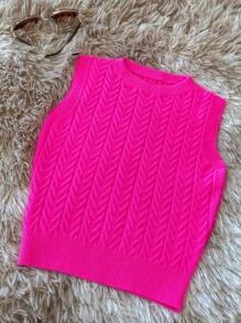 Women Knit Tops Knitting Vest - 玫紅色 - 查看 1