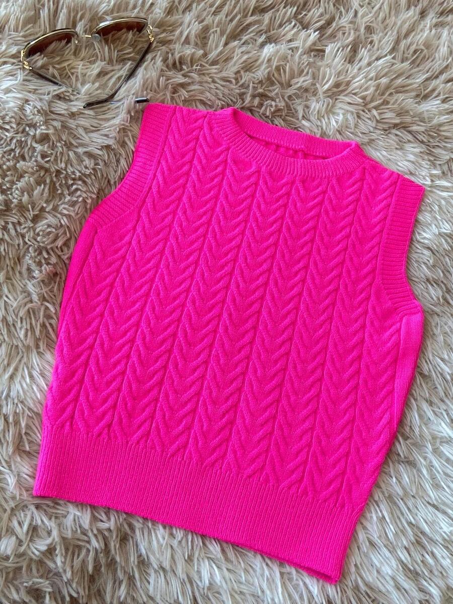 Women Knit Tops Knitting Vest - 玫紅色 - 查看 1