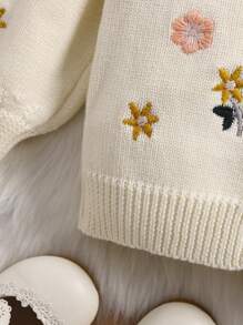 1pc Baby Girls Flower Embroidered Ruffle Collar Cardigan Sweater For Baby Girls, Warm Autumn/Winter - Beige - View 5