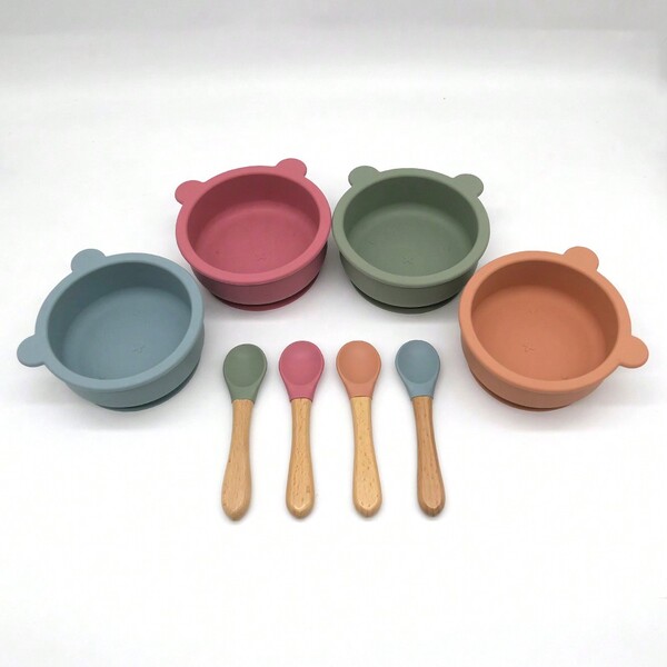 Bneseus 2pcs Baby Feeding Utensil Set, Silicone Bowl And Wooden Handle Spoon With Silicone Suction Cup, Suitable For Boys And Girls Learning To Eat And Add Complementary Foods, Christmas Gift