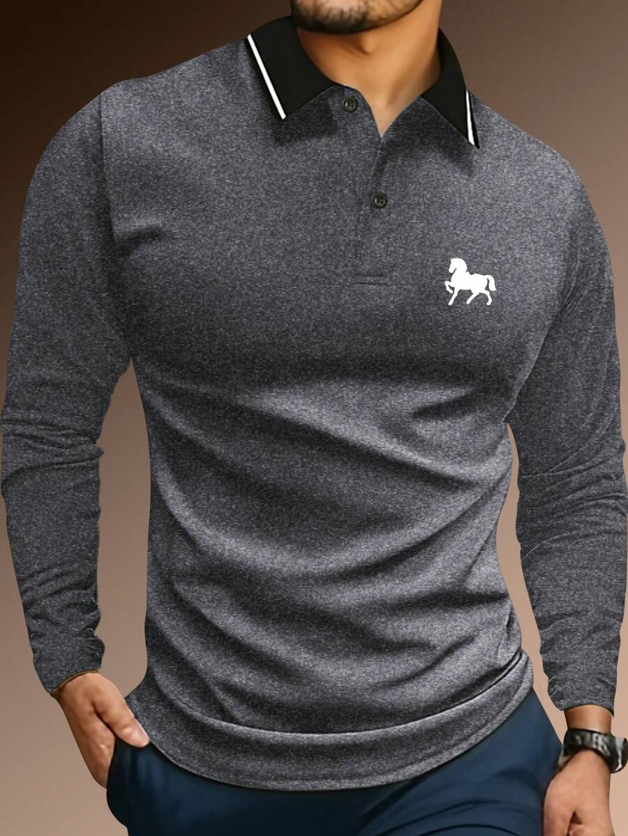 男士长袖翻领 Polo 衫，经典奔马印花，休闲、运动、日常穿着、轻便商务外套 - 灰色 - 查看 1