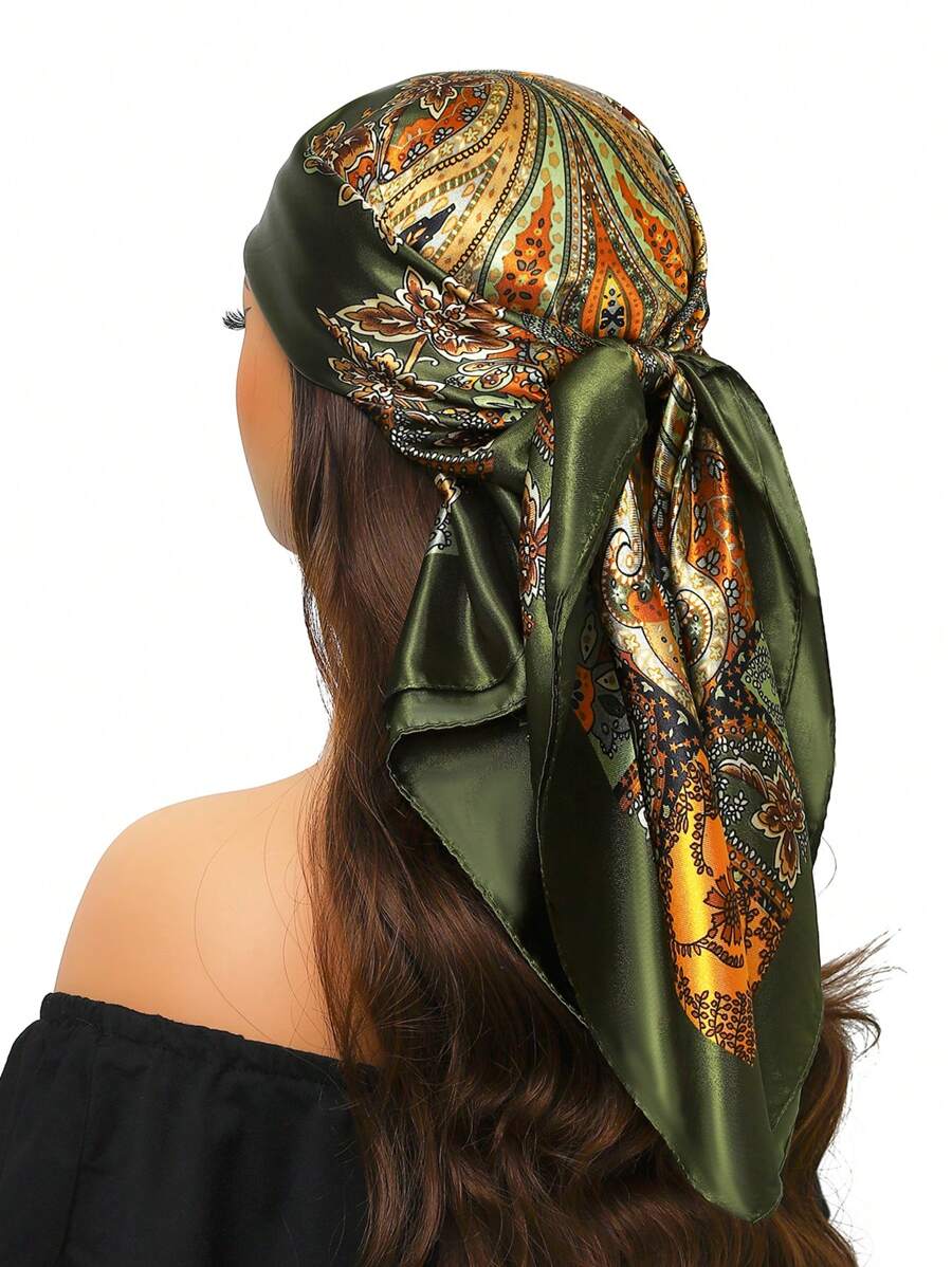 1pc 90*90cm Sun Protection Headscarf, Outdoor Classic Windproof Scarf Shawl, Unisex Versatile Air-Conditioned Room Neckerchief, Thin Seasonal Cashew Printed Silk Scarf, Colorful Blue Green Square Bandanna - A - View 1