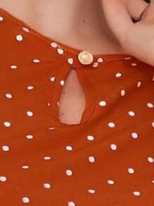 MARILYN MONNA French Women's Blouse Elegant Puff Sleeve Round Neck Comfortable Polka Dots Fashion - 亮橙色 - 查看 3