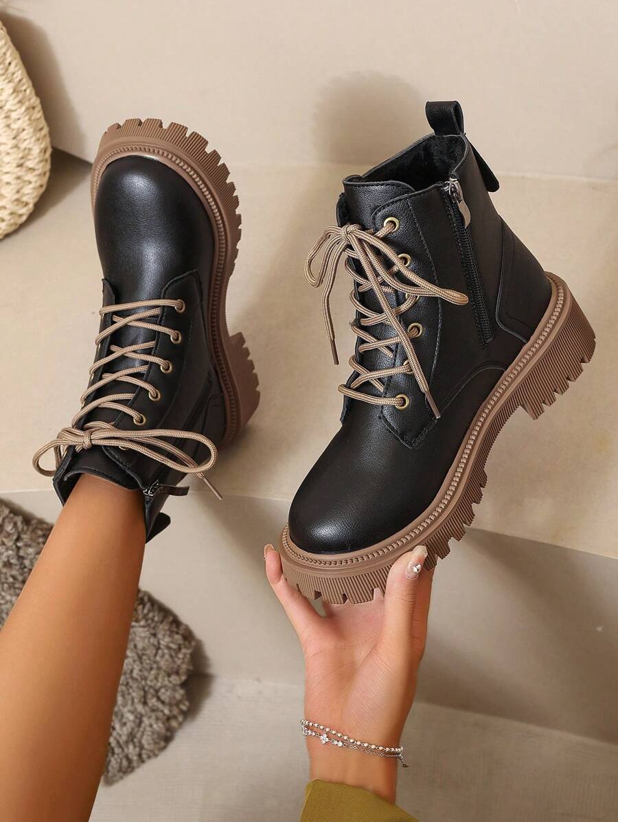 2026秋冬新款女鞋，保暖冬靴，时尚百搭休闲女鞋，真皮踝靴，黑白系带侧拉链短靴，平底女靴，女士踝靴和短靴，时尚女靴 - 黑色 - 查看 1