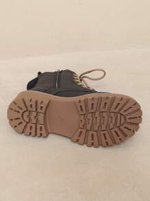 2026秋冬新款女鞋，保暖冬靴，时尚百搭休闲女鞋，真皮踝靴，黑白系带侧拉链短靴，平底女靴，女士踝靴和短靴，时尚女靴 - 黑色 - 查看 8