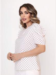 MARILYN MONNA French Women's Blouse Elegant Puff Sleeve Round Neck Comfortable Polka Dots Fashion - 白色 - 查看 4