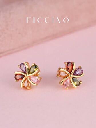  FICCINO 时尚 5 色花朵 18K 镀金彩色方晶锆石耳钉，可爱女孩和 BFF 礼品套装带盒情人节、妈妈、母亲、母亲节、礼物