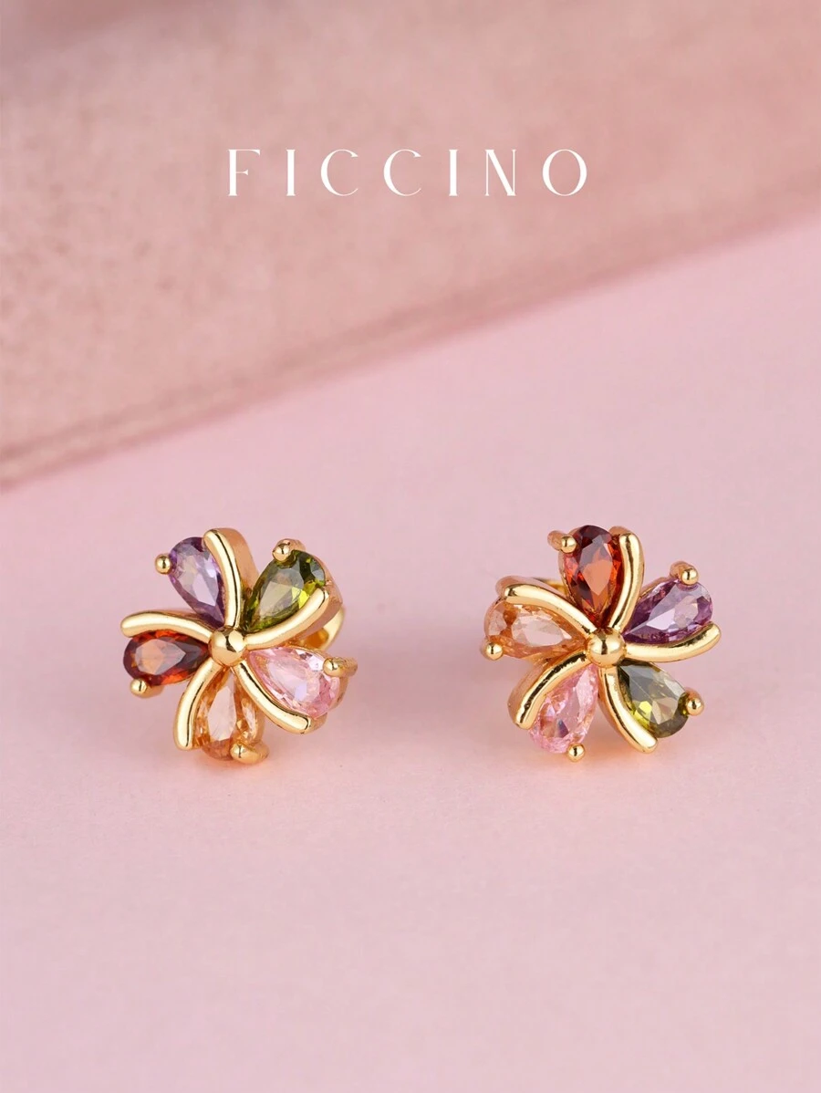 FICCINO 时尚 5 色花朵 18K 镀金彩色方晶锆石耳钉，可爱女孩和 BFF 礼品套装带盒情人节、妈妈、母亲、母亲节、礼物 - 1493e - 查看 1