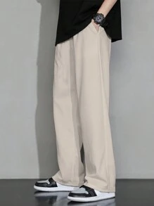 1 条青少年男孩休闲纯色华夫格纹理运动直筒裤，春秋季 - 卡其色 - 查看 5