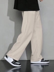 1 条青少年男孩休闲纯色华夫格纹理运动直筒裤，春秋季 - 卡其色 - 查看 2