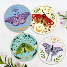 4pcs/Set Creative Colorful Moth Embroidery DIY Kit, Includes 4pcs Printed Embroidery Cloth, Sufficient Threads, 1pc Embroidery Hoop, Embroidery Tools (Random Color) And English Instructions. Easy Stitching, Suitable For Sewing Enthusiasts And Beginners, Can Be Used As Home Wall Art