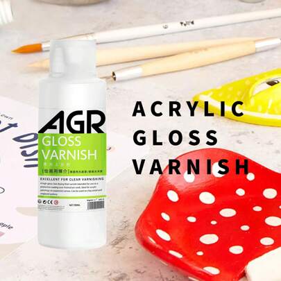 Verniz acrílico brilhante à base de água 100 ml; não removível; acabamento brilhante, leve; seca em uma superfície flexível e não pegajosa; não amarela e é resistente à água quando seco; misturável com cores e médiuns de tinta acrílica. Volta às aulas, volta às aulas, material escolar