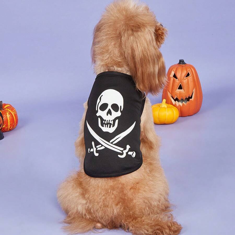 1 件宠物服装万圣节狗背心，轻便夏季服装，适合贵宾犬、泰迪熊、比熊犬、小狗、小猫、无袖、有趣的万圣节图案印花设计 - 黑與白 - 查看 1