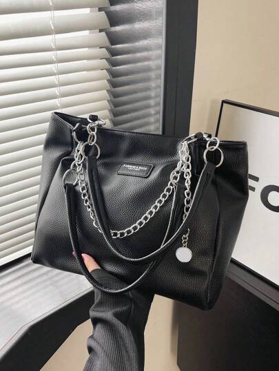 Bolsa de Ombro de Couro PU com Decoração de Corrente de Cor Sólida para Mulheres, Bolsa de Compras Grande, Leve e Minimalista para Uso Diário, Trabalho de Escritório e Viagem, Bolsa Hobo, Bolsa Transversal, Bolsa, Mochila, Presente de Apreciação do Professor de Volta às Aulas