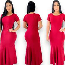 Mermaid Long Dress Ribbed Plain Basic Casual Long Sleeve - 查看 1