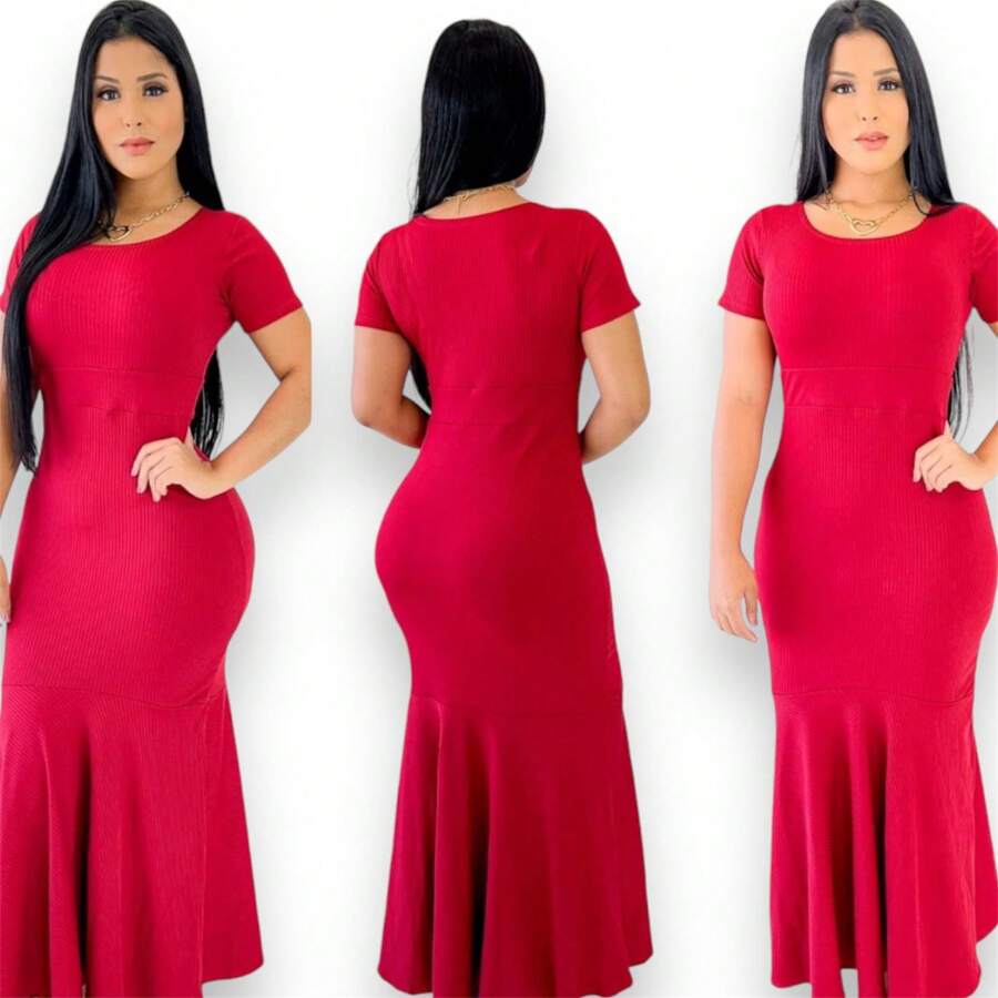 Mermaid Long Dress Ribbed Plain Basic Casual Long Sleeve - 查看 1