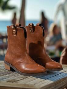 CUIMIXIONG Women's Brown Suede Boots, Round Toe Slip-On, Lightweight Retro Party Casual Outdoor Shoes