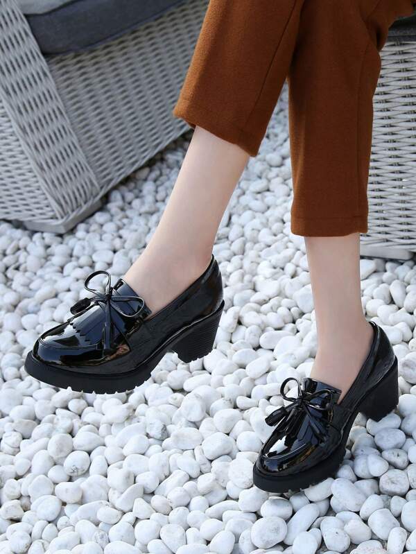 Women Black High Heel Shoes Waterproof Platform Thick Heeled Pumps Patent Leather Formal Work Office Loafers With Tassel Decor