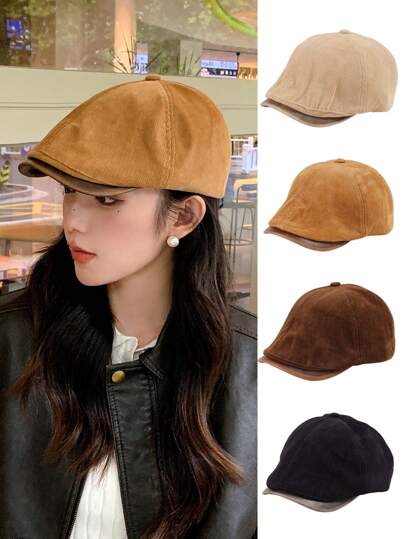 1 件经典纯色休闲涤纶边饰贝雷帽，秋冬时尚艺术家帽报童帽尖顶帽